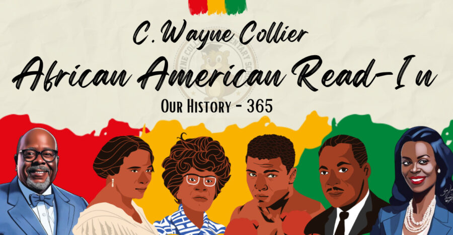 C. Wayne Collier African American Read-In Our History 365 banner with illustrated portraits of historical Black figures